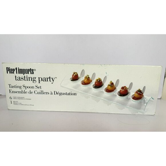 Pier 1 Imports Tasting Spoon Set 6 White Ceramic Spoons 1 Pebbled Glass Tray - Picture 4 of 7
